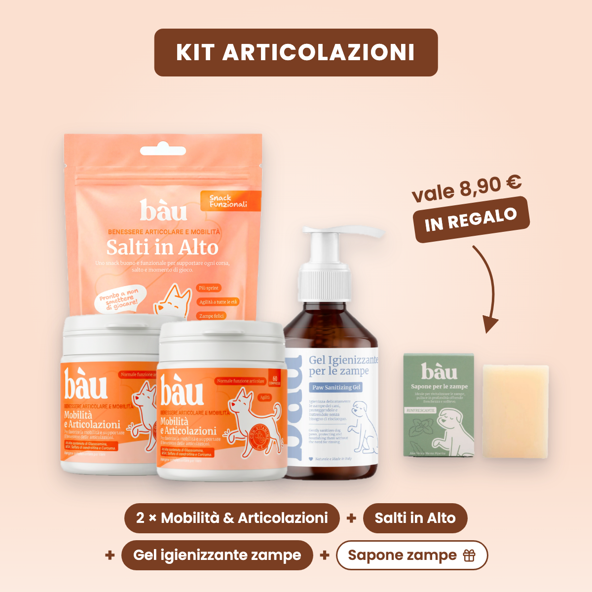 Kit Articolazioni: 2 Mobilità e Articolazioni, Salti in Alto, Gel igienizzante zampe e sapone per le zampe in regalo