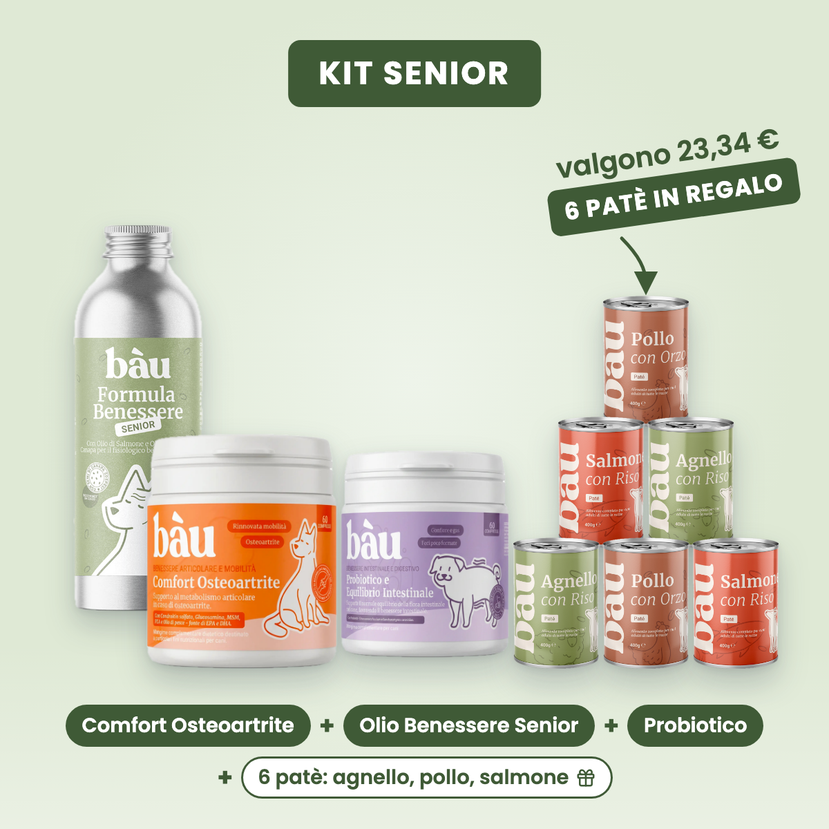Kit Senior: Comfort Osteoartrite, Olio Benessere Senior, Probiotico e 6 patè in regalo